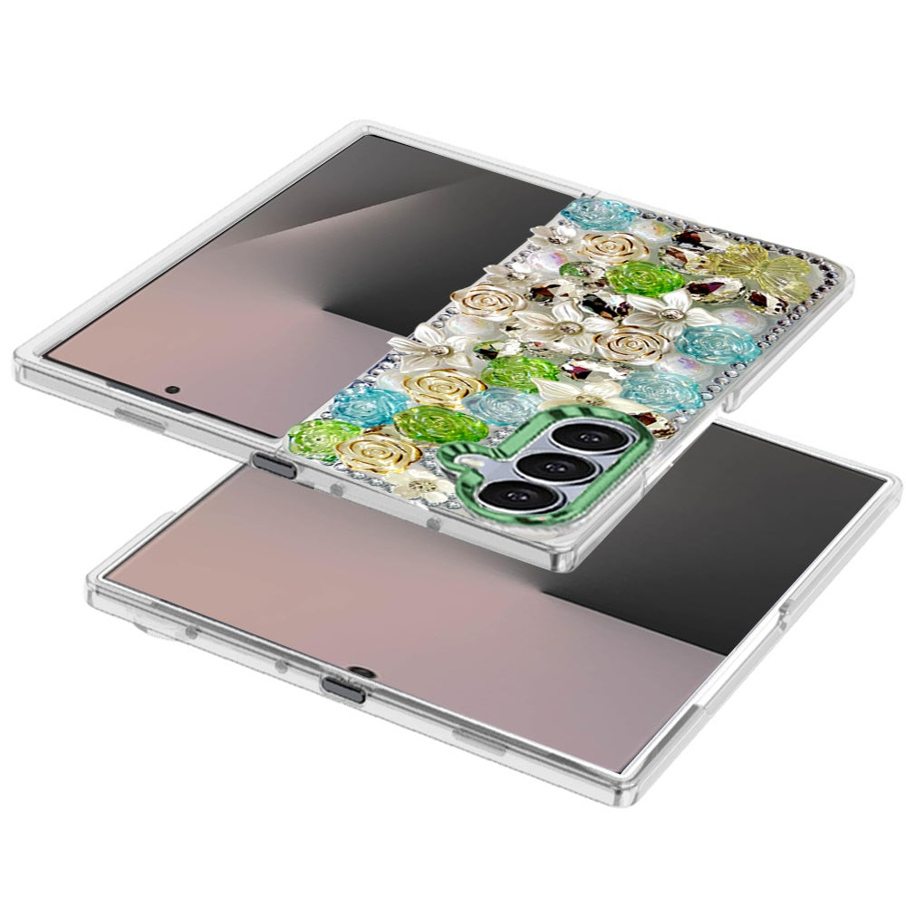 For Samsung Galaxy Z Fold 7 3D Diamond Floral Roses Flower Bling Stone Hybrid, Sparkly Rhinestone Gemstone Back Shockproof Case Cover