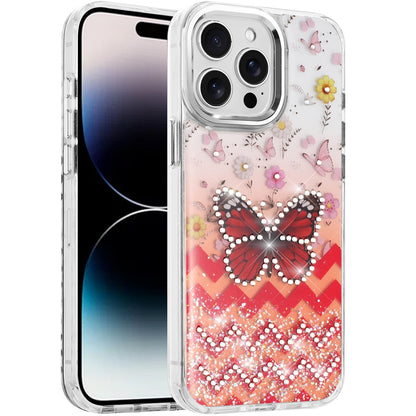 For iPhone 14 Pro Max (6.7") Butterfly Resin Epoxy Diamond Design Metal Edged Hybrid Shockproof Heavy Duty Drop Protection Case Cover