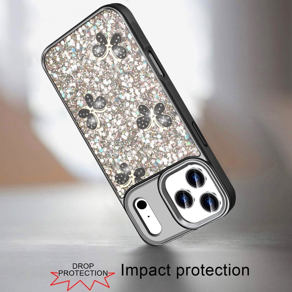 For Apple iPhone 17 Pro (6.3") Cute Butterfly Crystal Diamond Glitter Case Sparkle Bling Frame Metallic Edges, Shimmer TPU Hybrid Case Cover