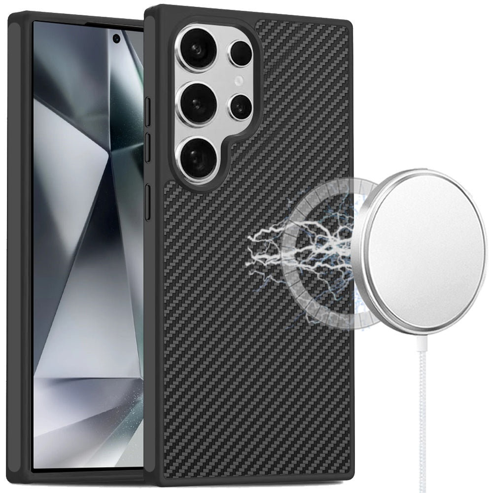 For Samsung Galaxy S25 Ultra Carbon Fiber Design with Magnetic HQ 2.0mm Thick Hybrid Shockproof Rubber Hard PC Case Cover Black