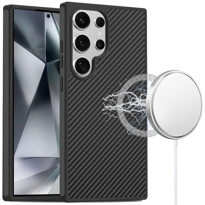 For Samsung Galaxy S25 Ultra Carbon Fiber Design with Magnetic HQ 2.0mm Thick Hybrid Shockproof Rubber Hard PC Case Cover Black