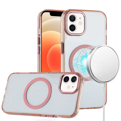 For iPhone 12 / iPhone 12 Pro (6.1") Transparent Back Hybrid Case - Magnetic Circle, Color Frame, Metal Buttons, MagSafe Compatible Case Cover