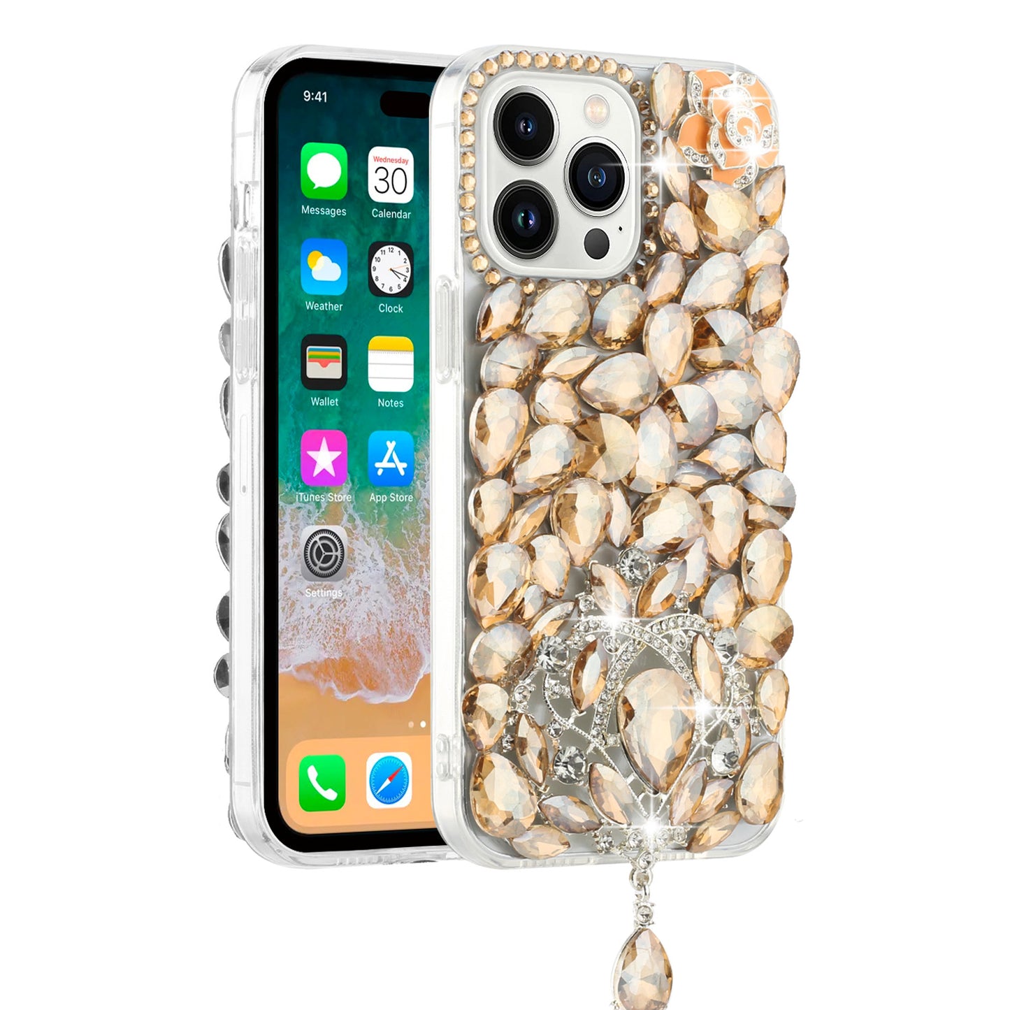 For Apple iPhone 16 Pro (6.3") Bling Crystal 3D Full Diamonds Jewelry Luxury Sparkle Rhinestone Glitter Hybrid Protective Case Cover