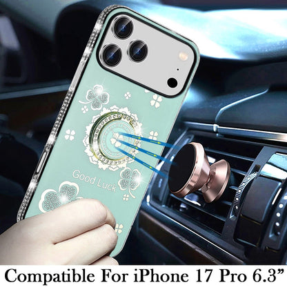 For Apple iPhone 17 Pro (6.3") Diamonds Bling All Around Edges Sparkly Glitter Hybrid with Ring Stand Holder Fashion Good Luck Case Cover