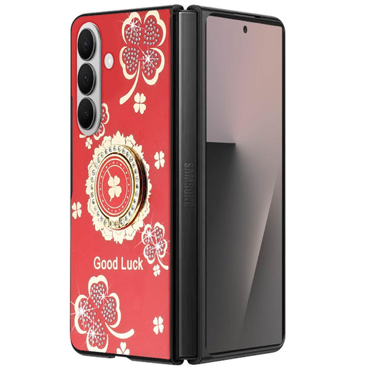 For Samsung Galaxy Z Fold 7 Diamonds 3D Fashion Floral Bling Sparkly Glitter Ornaments Engraving Hybrid with Ring Stand Case Cover Red Good Luck Floral