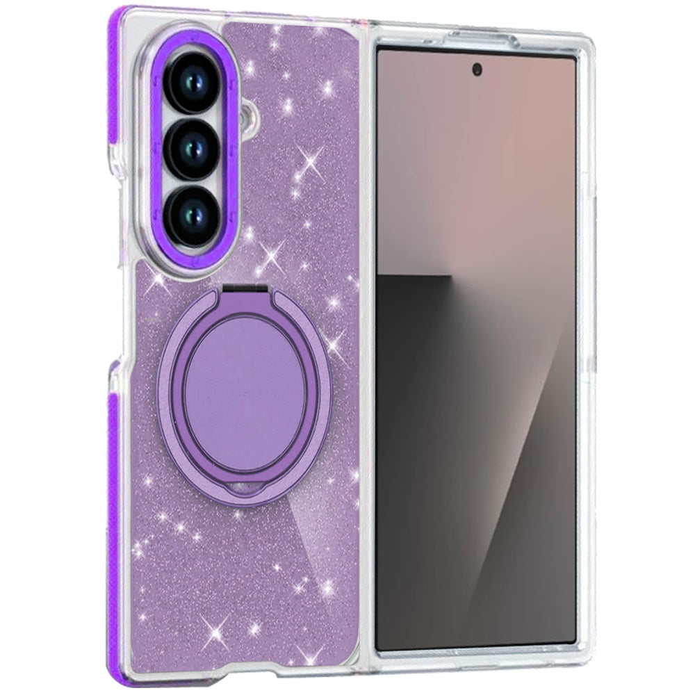 For Samsung Galaxy Z Fold 7 Slim Bling Glitter Sparkly Shimmer Hybrid with Magnetic Ring and 360° Rotational Stand [Compatible with Magsafe] Case Cover