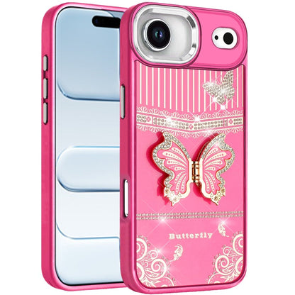 For Apple iPhone 17 Air (6.6") Glitter 3D Butterfly Design Bling Metallic Edge Hybrid Stand Drop Protection TPU Shockproof Case Cover