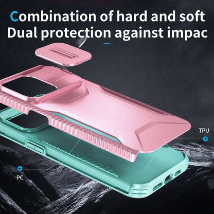 For iPhone 15 Pro Max (6.7") Slim Fit Shockproof Hybrid with Slide Camera Window Covering, Rugged Tpu Silicone Hard PC Bumper Case Cover Pink-Teal