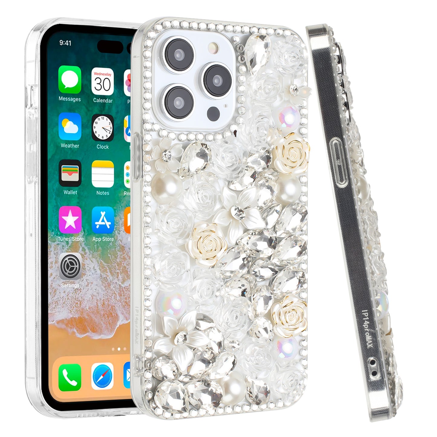 For Apple iPhone 15 Pro Max Fashion Rose Flower Floral Bling Crystal 3D Full Diamonds Pearl Sparkle Rhinestone Glitter Hybrid Case Cover