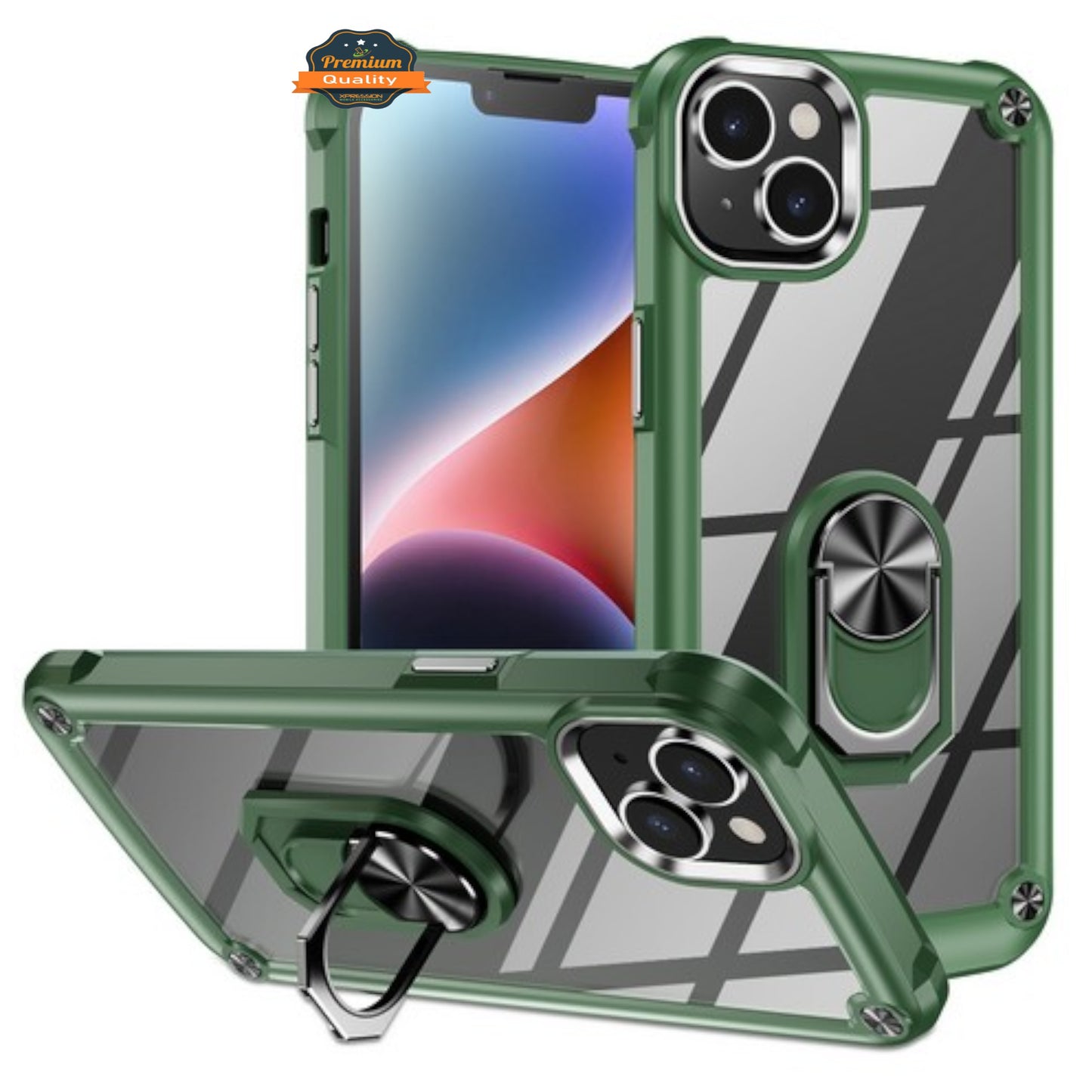 For Apple iPhone 15 Plus (6.7") Clear Transparent Hybrid with 360° Magnetic Ring Stand PC Heavy Duty Shockproof Back  Phone Case Cover