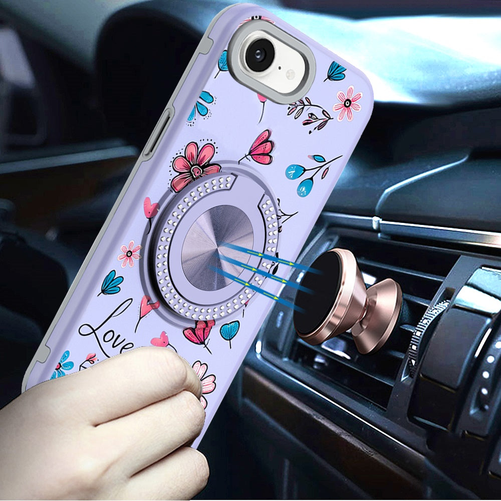 For Apple iPhone 16e Pattern Design Hybrid with Invisible Ring Stand & Magnetic Back, Shockproof Protective Grip Case Cover Love Flower