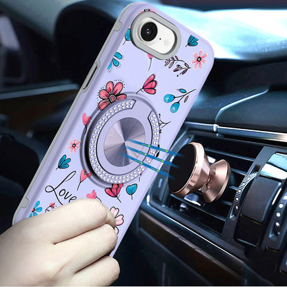 For Apple iPhone 16e Pattern Design Hybrid with Invisible Ring Stand & Magnetic Back, Shockproof Protective Grip Case Cover Love Flower