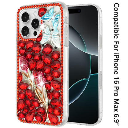 For iPhone 16 Pro Max (6.9") Bling Crystal 3D Full Diamonds Luxury Sparkle Rhinestone Hybrid Case Cover Gold Exquisite Garden
