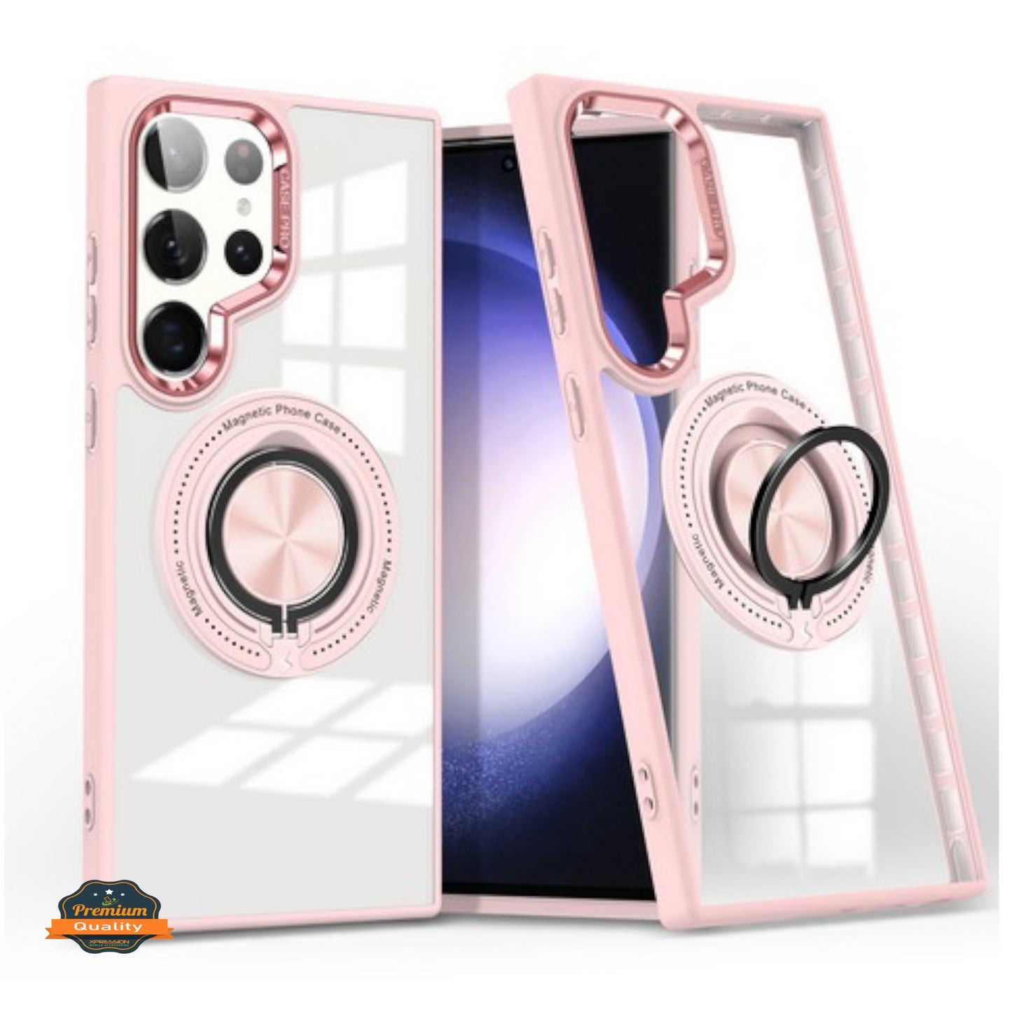 For Samsung Galaxy S25 /S24 Clear Transparent Back Hybrid with Rotating Ring Stand, MagSafe Compatible Shockproof Slim TPU PC Case Cover