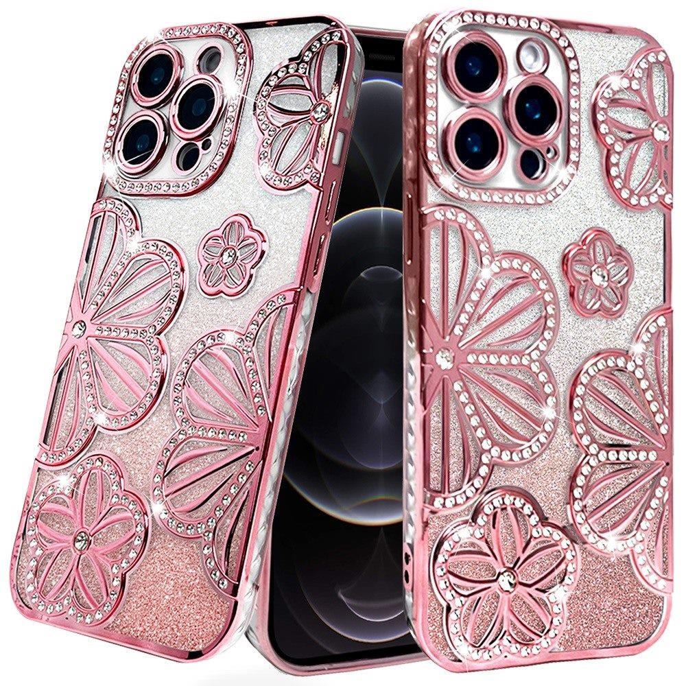 Phone Case for Apple iPhone 12 Pro Max Shimmer Glitter Floral Thick TPU Shockproof Durable Grip Camera Protection Anti-Scratch Stylish Design Cover Rose Gold