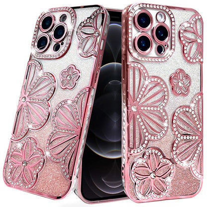 Phone Case for Apple iPhone 12 Pro Max Shimmer Glitter Floral Thick TPU Shockproof Durable Grip Camera Protection Anti-Scratch Stylish Design Cover Rose Gold