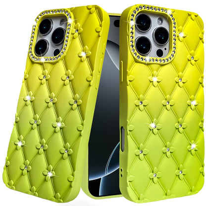 For Apple iPhone 16 Pro Fashion Flower Design Sparkle Glitter Shimmer Rhinestone Bling Floral Accents, Leather Texture TPU Case Cover