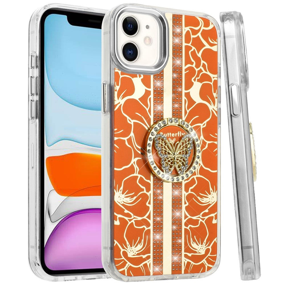 For Apple iPhone 11 Diamonds 3D Butterfly Floral Design Bling Sparkly Glitter Hybrid Metal Fashion with Ring Stand Case Cover