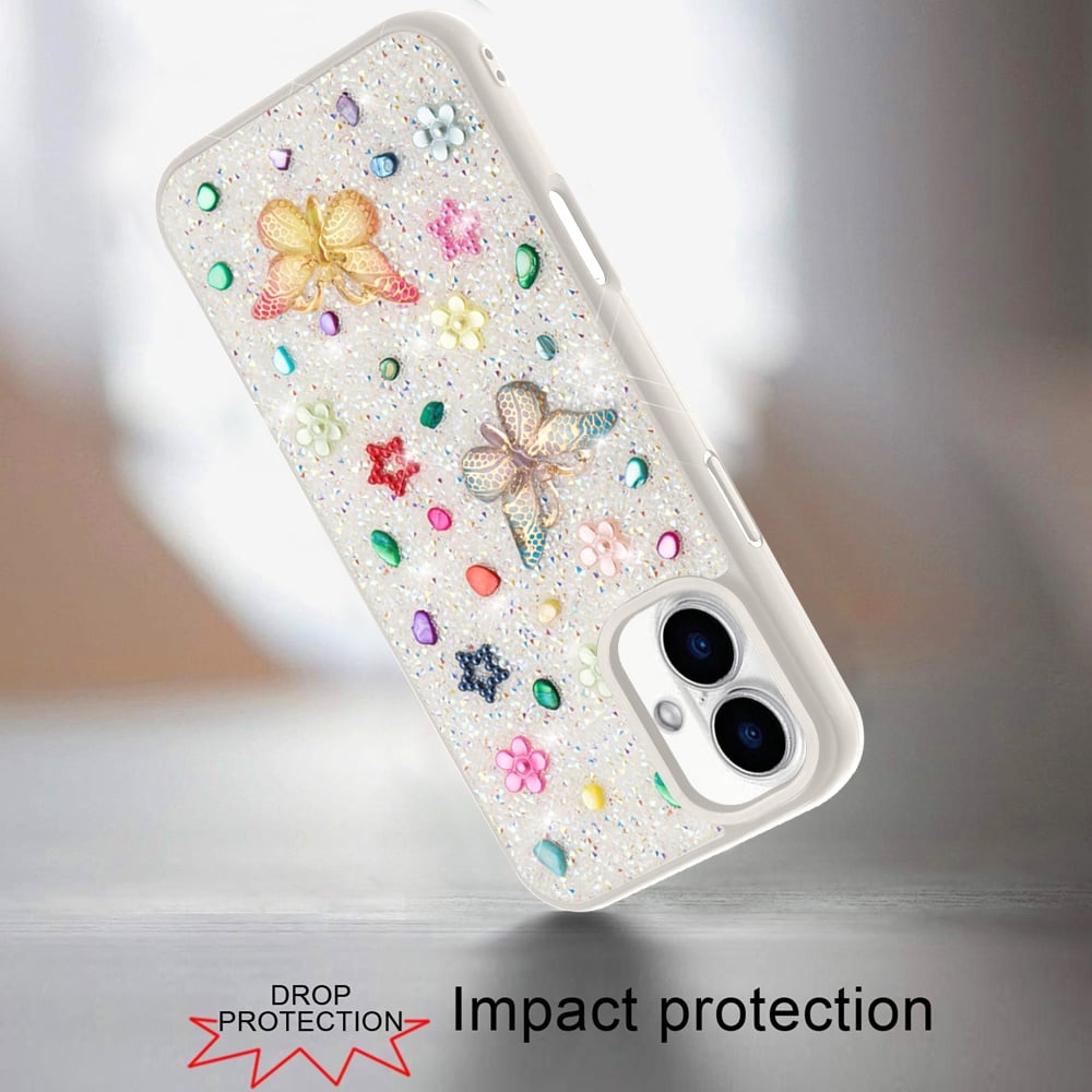 For iPhone 16 (6.1") Diamond Butterfly 3D Glitter Bling Design, Slim Hybrid Sparkle Protective Cover TPU for Women Girls Case Cover White
