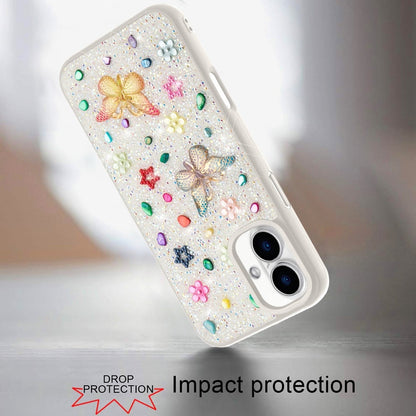 For iPhone 16 (6.1") Diamond Butterfly 3D Glitter Bling Design, Slim Hybrid Sparkle Protective Cover TPU for Women Girls Case Cover White
