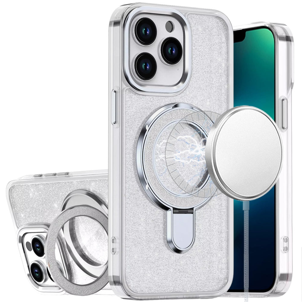 For Apple iPhone 16 Pro Max Transparent Glitter Bling Case with Rotating Magnetic Ring Stand, Shockproof Hybrid Case Cover Clear