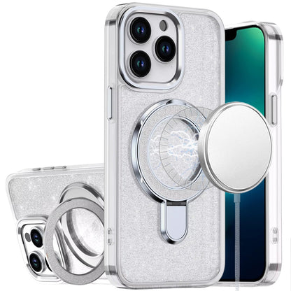 For Apple iPhone 16 Pro Max Transparent Glitter Bling Case with Rotating Magnetic Ring Stand, Shockproof Hybrid Case Cover Clear