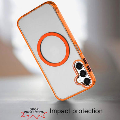 For Samsung Galaxy A16 5G Transparent Back Hybrid Case - Magnetic Circle, Color Frame, Metal Buttons, MagSafe Compatible Case Cover Cosmic Orange