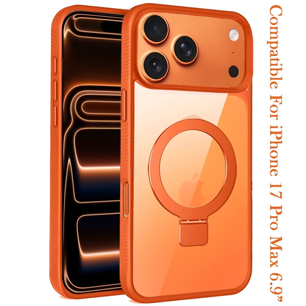 For Apple iPhone 17 Pro Max (6.9") Magnetic Circle Kickstand with MagSafe Compatibility, Matte Skin, Rugged Bumper, and Ring Holder Case Cover Cosmic Orange