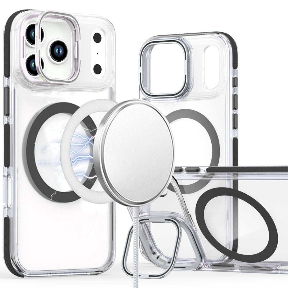 For Apple iPhone 17 Pro Hybrid Clear Back Case with Invisible Camera Bracket Stand, MagSafe Magnetic Circle, Shockproof Color Frame Case Cover Black