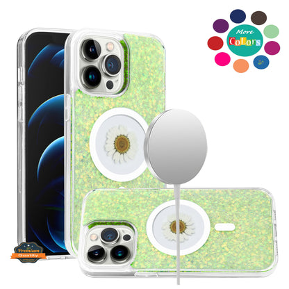 For Samsung Galaxy S25 Ultra MagSafe Compatible Glitter Flower Epoxy Hybrid Slim TPU Case, Magnetic Circle Design, Sparkly Bling Protective Case Cover