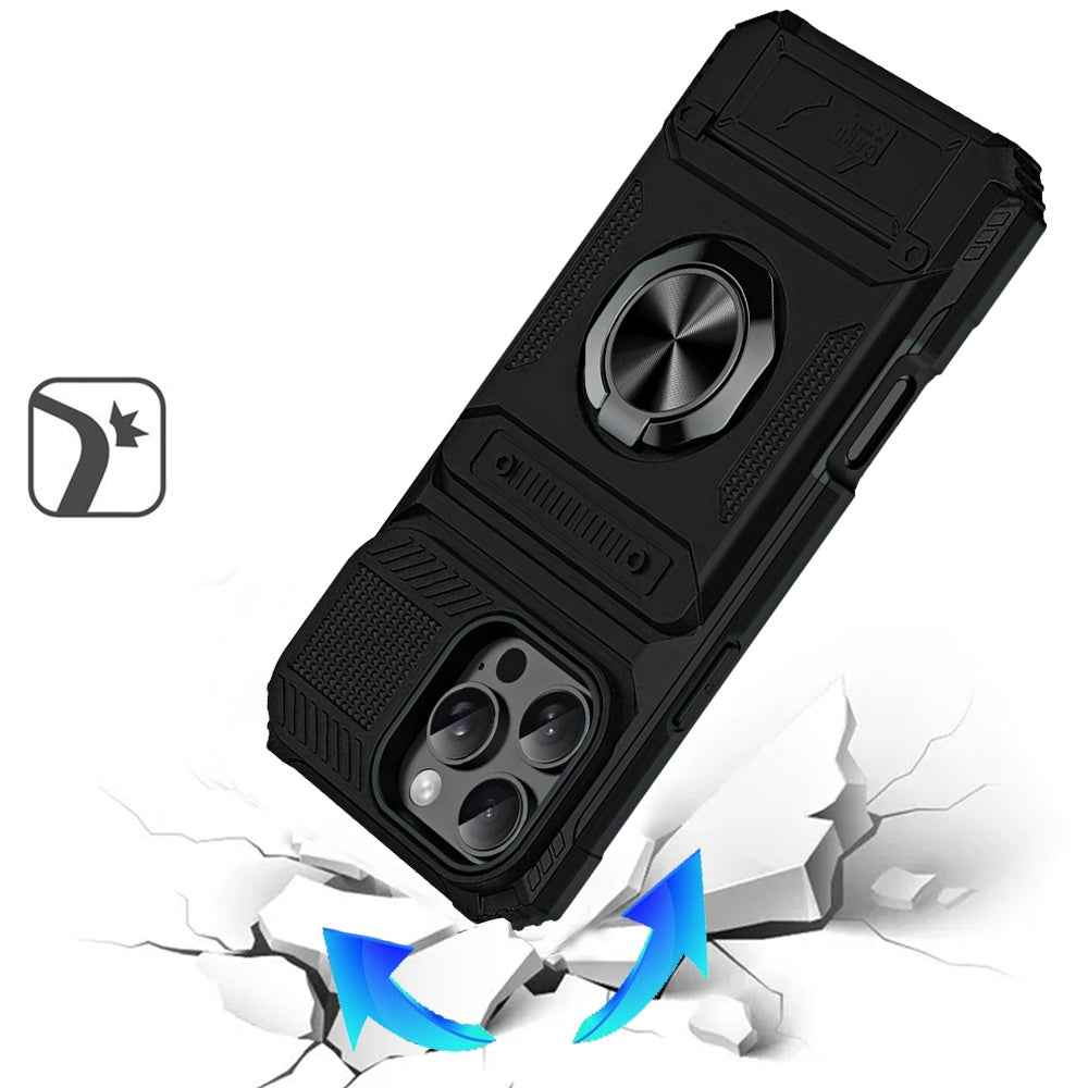 For iPhone 16 Pro Max (6.9") 2X Card Slot Metal Ring Stand Hybrid Shockproof Heavy Duty Drop Protection Multi Functional Design Case Cover Black