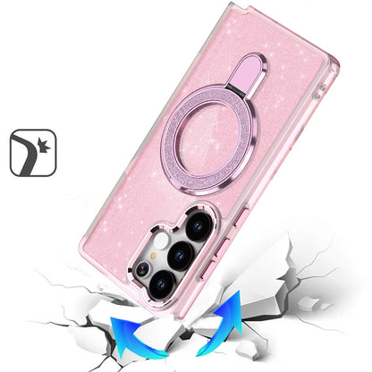 Phone Case for Samsung Galaxy S25 Ultra Colofull Transparent Glitter Magnetic Ring Stand Shockproof Rotating Grip Protective Hybrid Durable Cover Light Pink