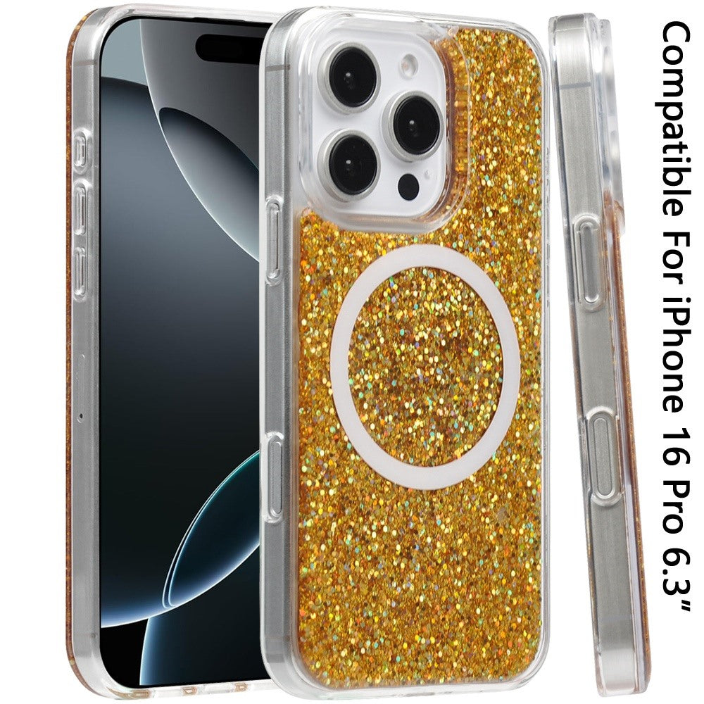 For Apple iPhone 16 Pro (6.3") Transparent Epoxy Glitter Magnetic Circle Compatible with MagSafe Hybrid Bling Sparkle Hard PC Slim TPU Case Cover