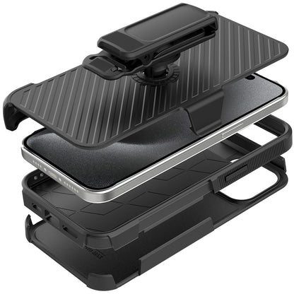 For Samsung Galaxy A16 5G Premium Design Hybrid lined with Belt Clip Holster Shockproof Rugged Textured 2in1 Non Slip Tough Case Cover Black