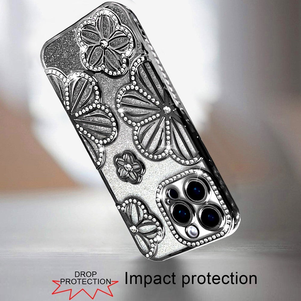 For Apple iPhone 15 Pro Max Luxury Flower Design Sparkle Glitter Diamond Rhinestone Shimmer Bling Plating Thick TPU Hard PC Case Cover