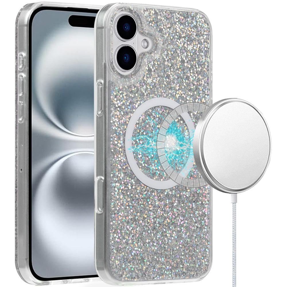 For Apple iPhone 16 Plus (6.7") Premium Transparent Epoxy Glitter Bling Magnetic Circle Compatible with MagSafe Hybrid Sparkle TPU Case Cover