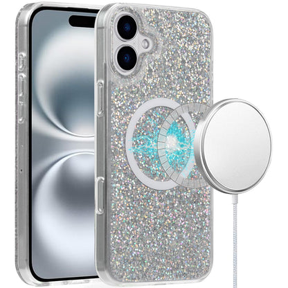 For Apple iPhone 16 Pro (6.3") Transparent Epoxy Glitter Magnetic Circle Compatible with MagSafe Hybrid Bling Sparkle Hard PC Slim TPU Case Cover
