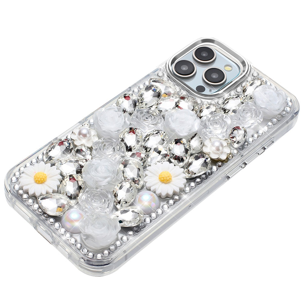 For Motorola Moto G Power 5G 2025 Fashion Daisy Floral Series, Full 3D Bling Crystal Diamonds Sparkling Rhinestone Glitter Hybrid Design Case Cover