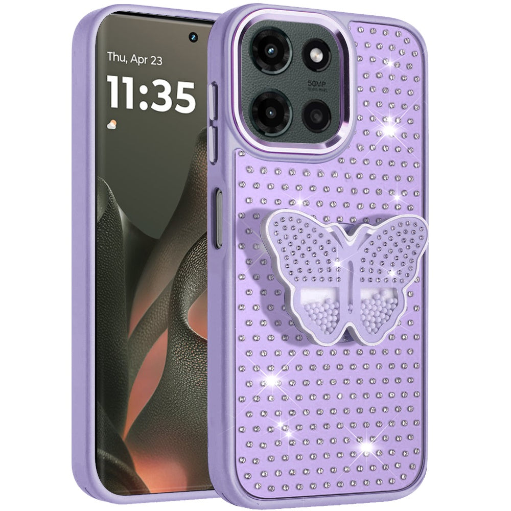 For Motorola Edge 2025 Butterfly Moveable Grip 3D Pop Stand Full Diamond Bling Sparkling TPU Fashion Hybrid Case Cover