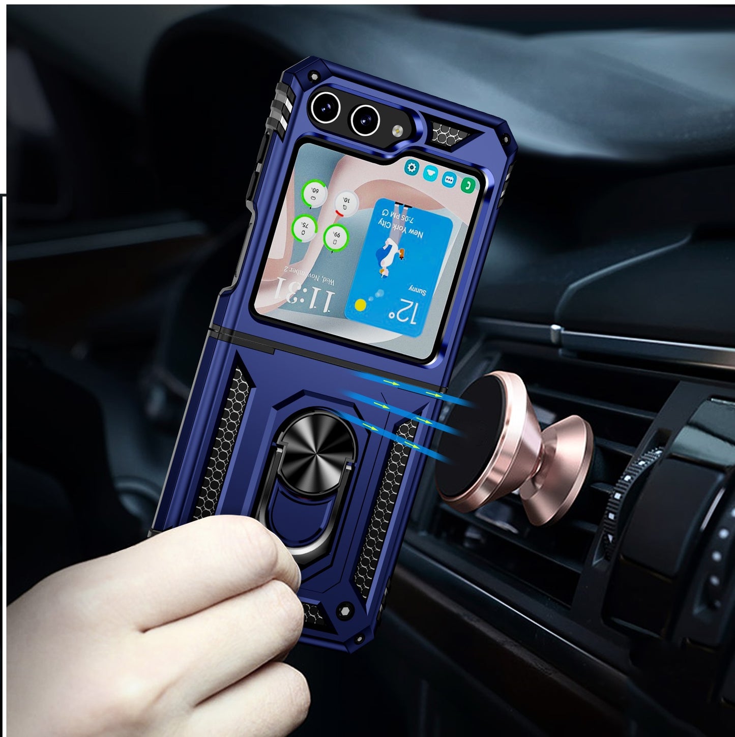 For Samsung Galaxy Z Flip 7 FE Hybrid Shockproof Protective with Magnetic 360° rotating Ring Kickstand, TPU Rubber PC Case Cover Blue