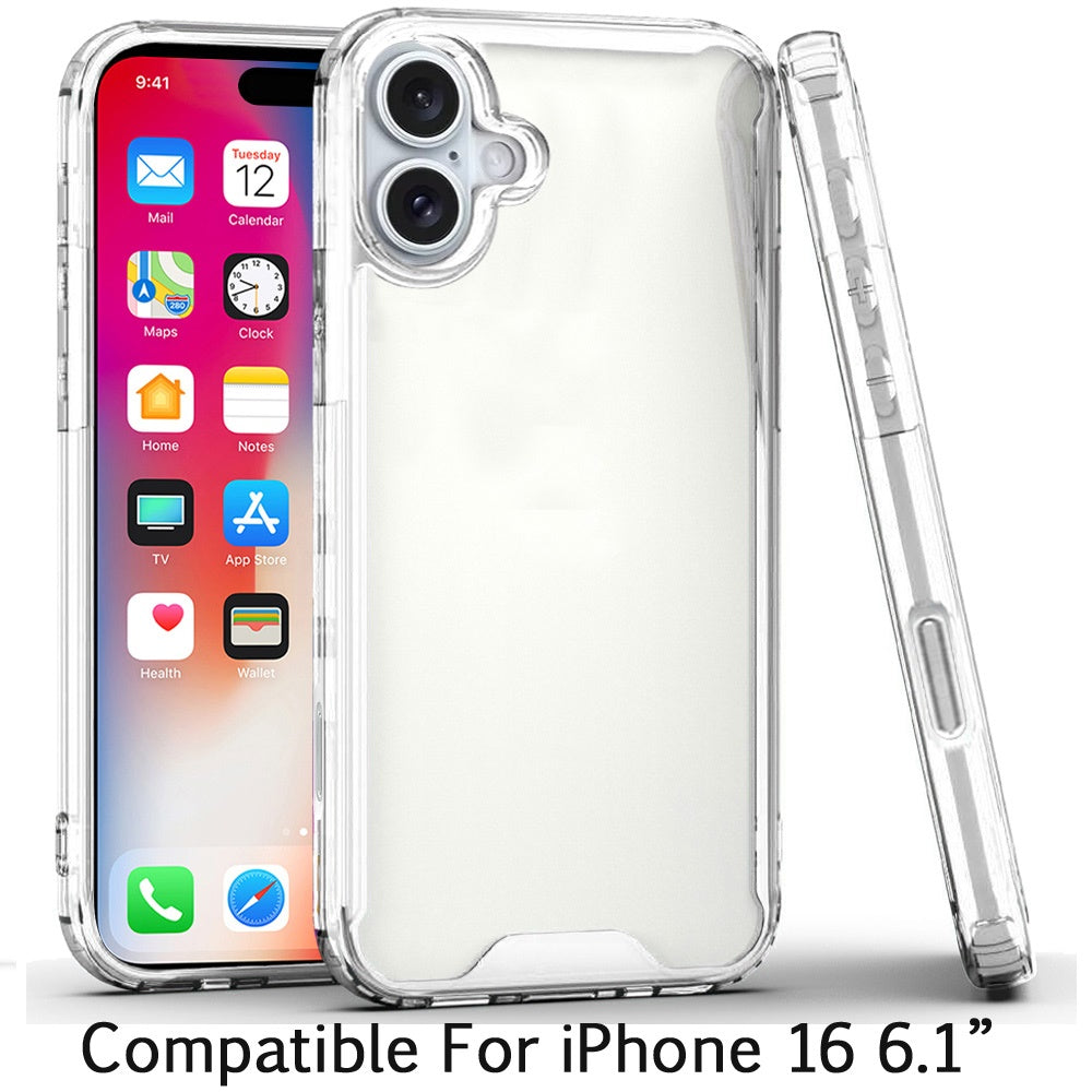 For Apple iPhone 16 (6.1") Clear Colored Shockproof Transparent Hard PC + Rubber TPU Hybrid Bumper Shell Slim Case Cover Clear