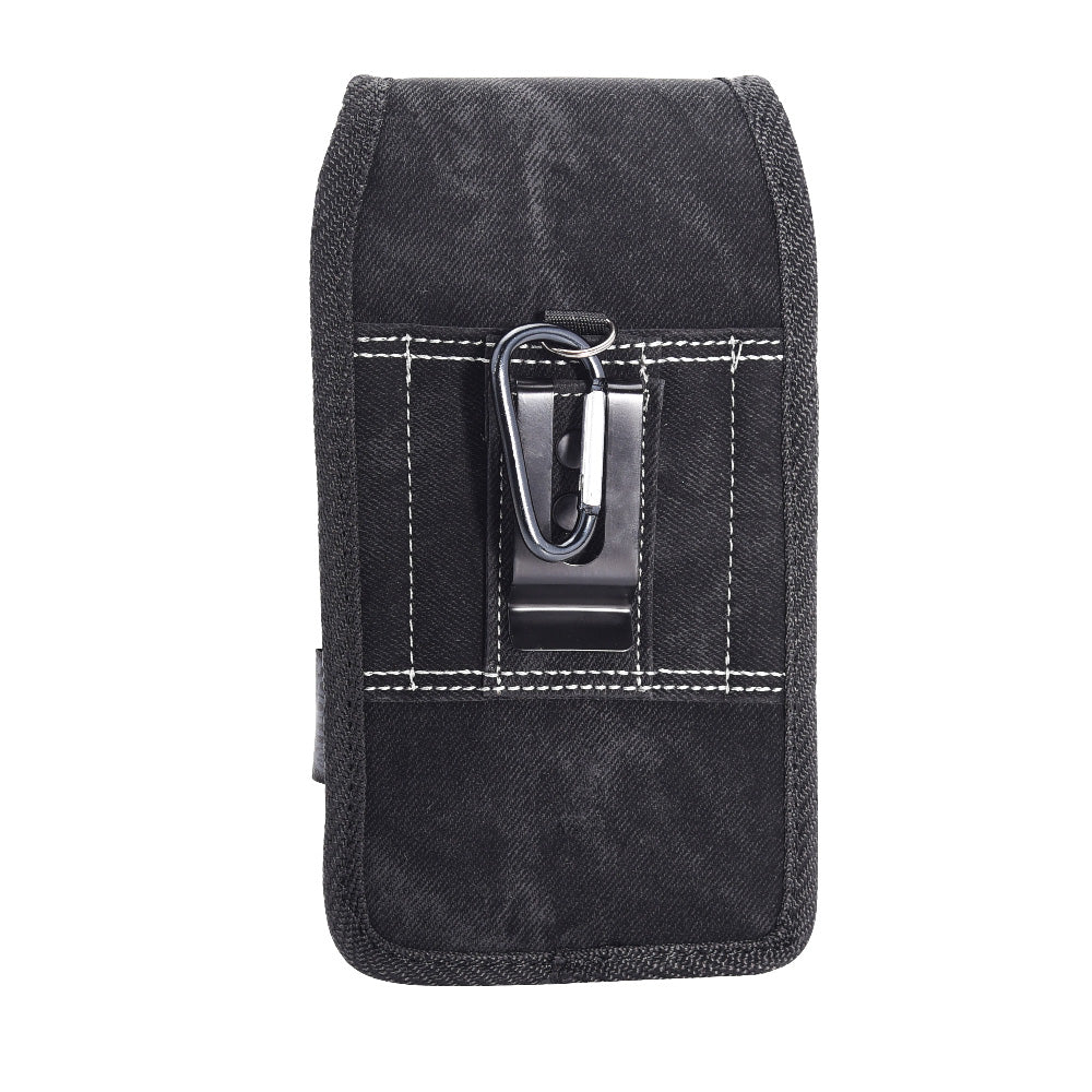 For Apple iPhone 16 (6.1") Universal Vertical Denim Fabric Case Holster with 2 Card Slots, Pen Holder, Belt Clip Loop & Hook Carrying Medium Phone Pouch [Black Denim]
