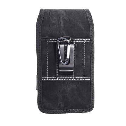 For Apple iPhone 16 Pro (6.3") Universal Vertical Denim Fabric Case Holster with 2 Card Slots, Pen Holder, Belt Clip Loop & Hook Carrying Large Phone Pouch [Black Denim]