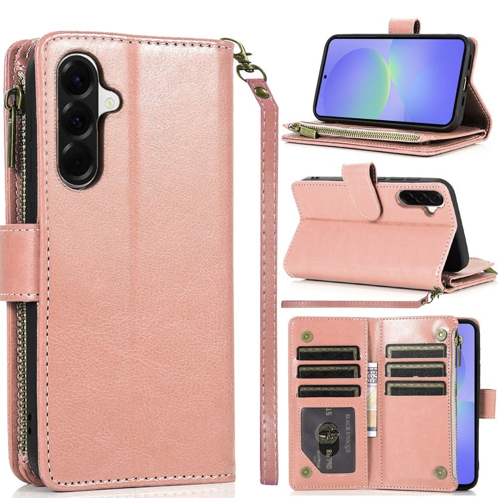 For Samsung Galaxy A37 Leather Wallet Case with Zipper, 9 Card Slots, Cash Pocket, Stand & Strap, Clutch Pouch Design Case Cover Rose Gold