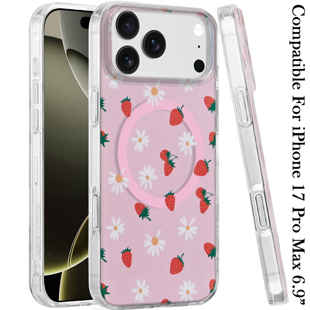 For Apple iPhone 17 Pro Max Stylish Pattern Fashion IMD Printed Design TPU Double Layer Slim Shockproof with Magnetic Back Case Cover Strawberry Daisy