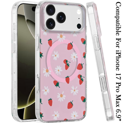 For Apple iPhone 17 Pro Max Stylish Pattern Fashion IMD Printed Design TPU Double Layer Slim Shockproof with Magnetic Back Case Cover Strawberry Daisy