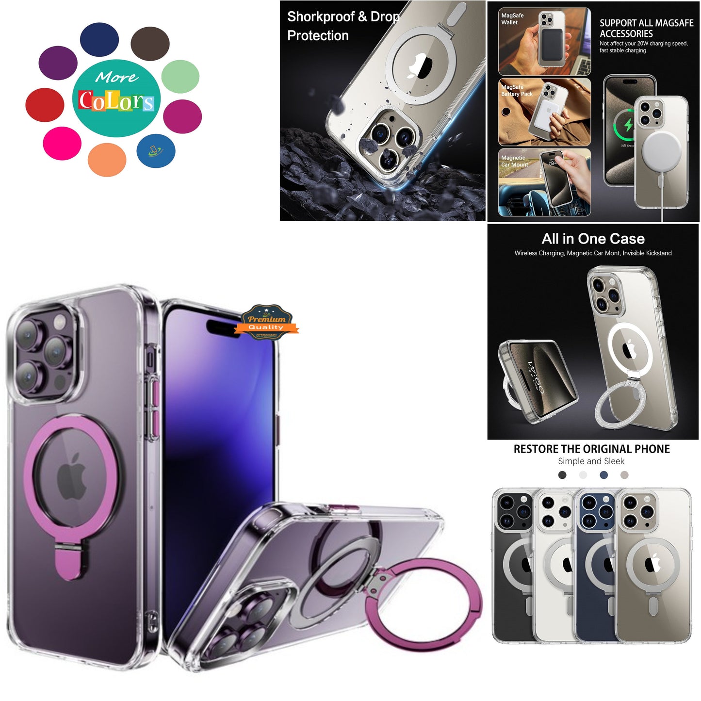 For Apple iPhone 15 Pro (6.1") Magnetic Hybrid Transparent Edge Bumper Invisible Stand [Compatible with Magsafe] Slim  Phone Case Cover