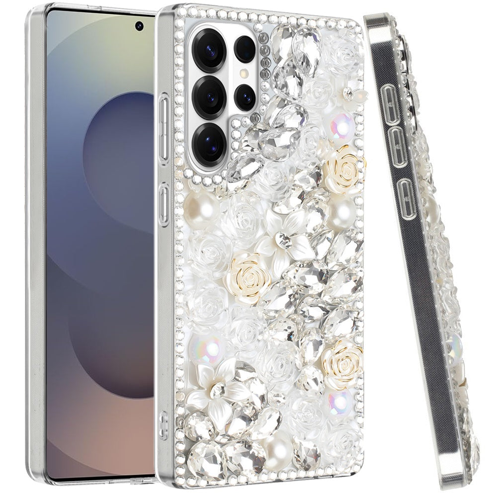 For Samsung Galaxy S26 Ultra Fashion Rose Flower Floral, 3D Bling Crystal Full Diamonds Pearl Sparkle Rhinestone Glitter Hybrid Case Cover