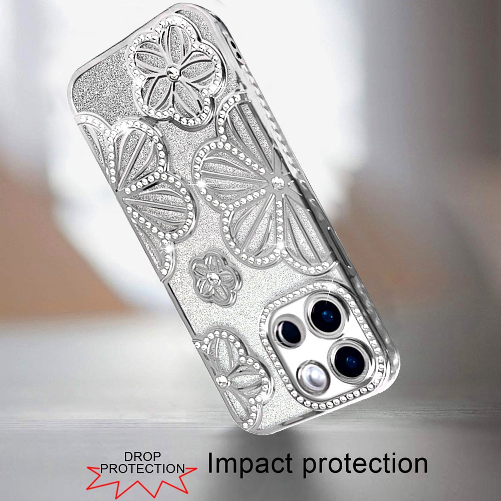 For Samsung Galaxy A26 Luxury Flower Design Sparkle Glitter Diamond Rhinestone Shimmer Bling Plating Thick TPU Hard PC Case Cover Flower Silver