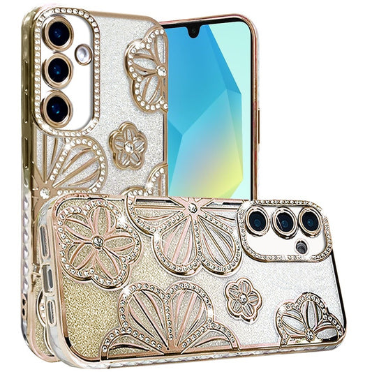 For Samsung Galaxy A16 Luxury Flower Design Sparkle Glitter Diamond Rhinestone Shimmer Bling Plating Thick TPU Hard PC Case Cover Flower Gold